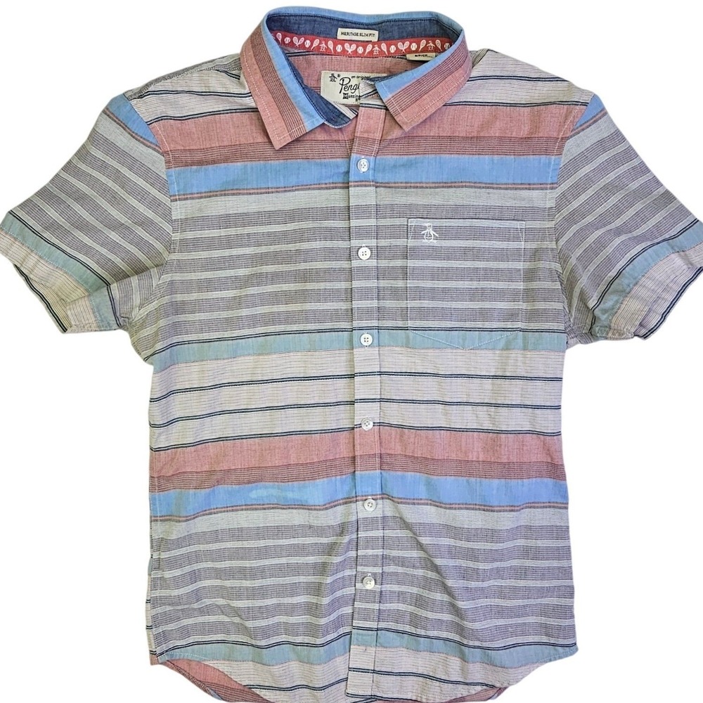 Original Penguin Mens Heritage Slim Fit Striped‎ Short Sleeve Button Up Shirt S